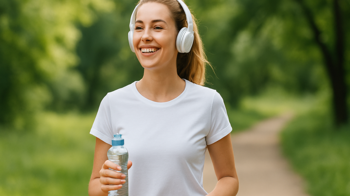Mulher caminhando sorridente ao ar livre, ouvindo música e segurando uma garrafinha, representando motivação diária para emagrecer.