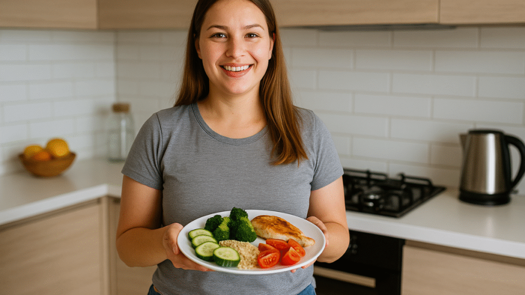 Juliana sorridente segurando um prato saudável na cozinha.