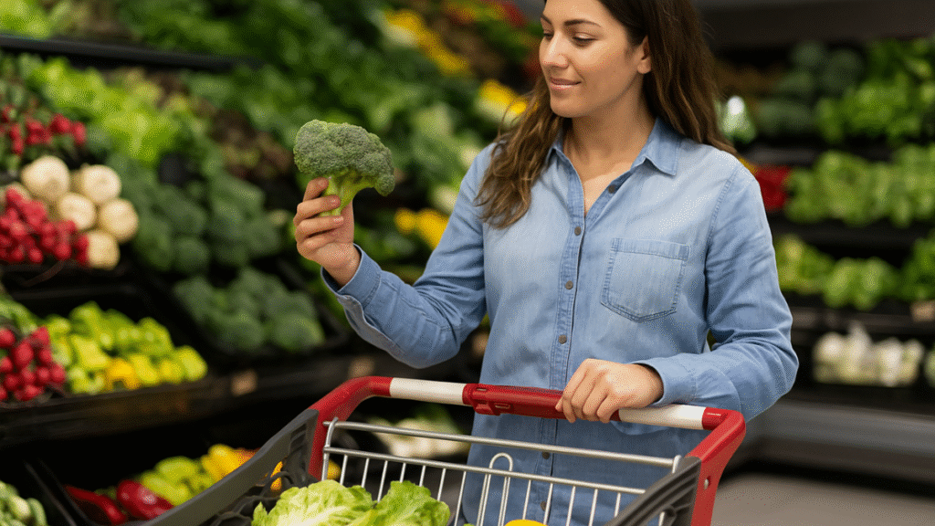 Mulher escolhendo brócolis fresco no setor de hortifruti.
como Juliana perdeu 20kg sem academia