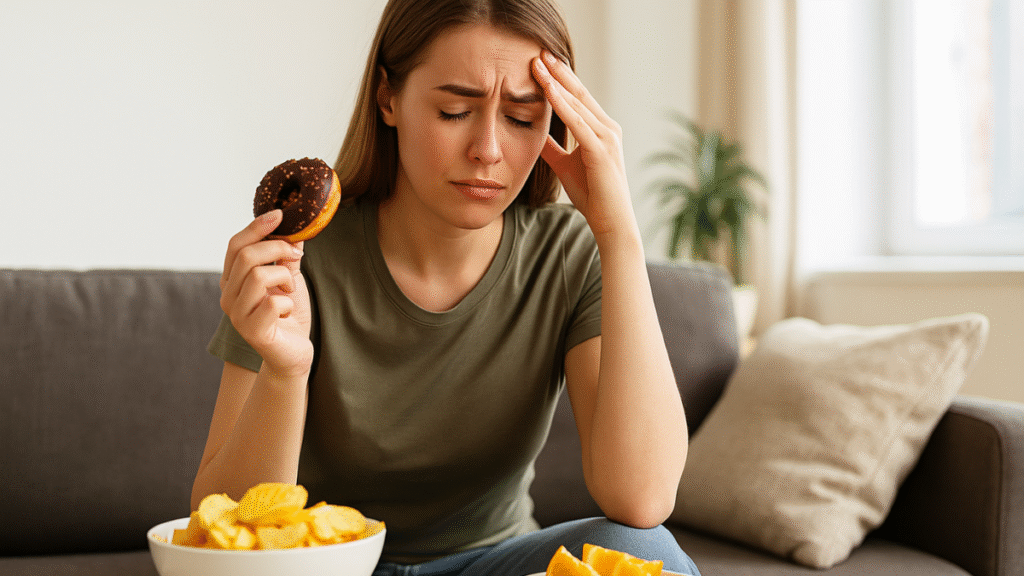 Mulher sentada no sofá com expressão triste segurando um donut, ao lado de batatas e frutas, ilustrando alimentação emocional.