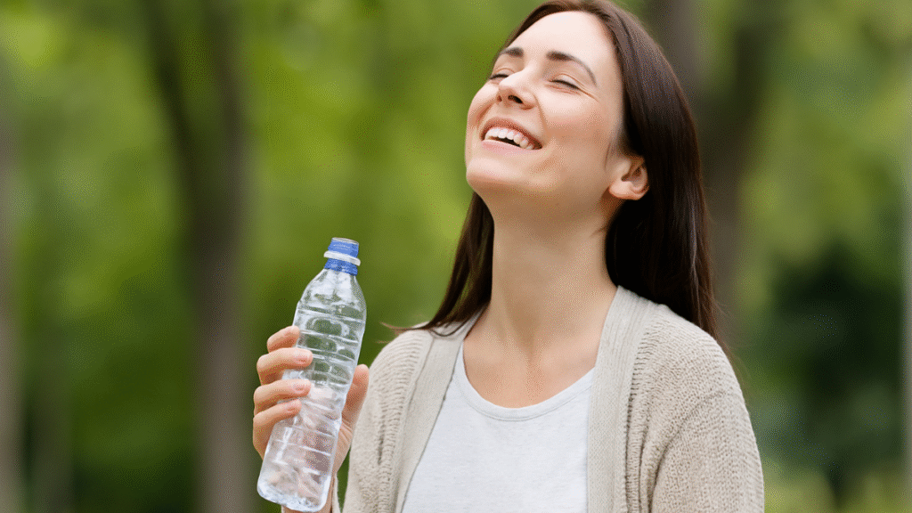 Mulher sorrindo em meio à natureza com uma garrafa de água nas mãos, transmitindo leveza e bem-estar.