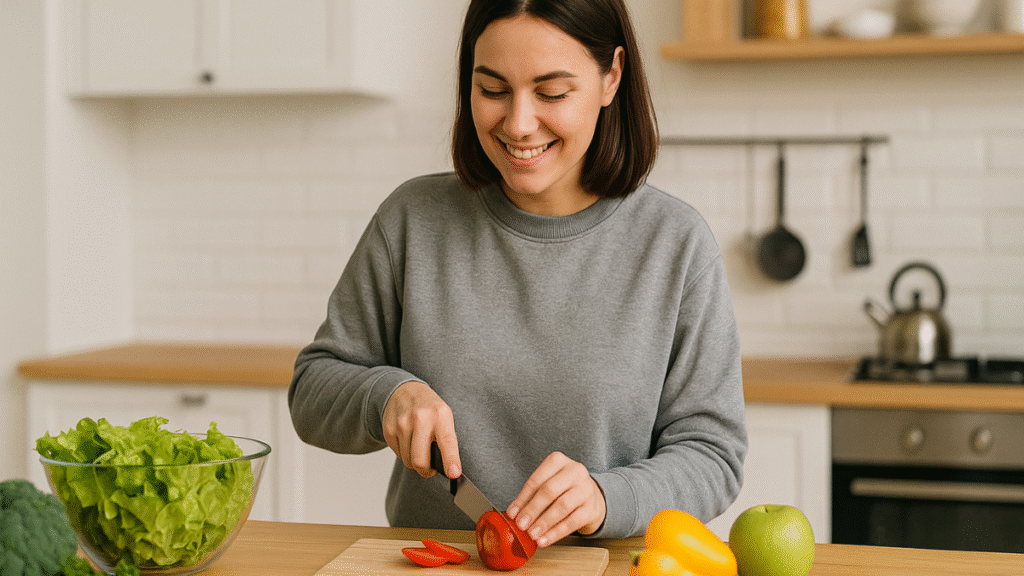 Mulher sorridente cortando tomate na cozinha, rodeada de legumes frescos, representando alimentação equilibrada.