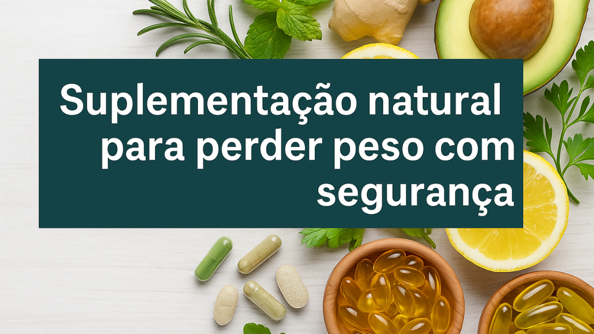Frascos e cápsulas naturais ao lado de ervas, abacate e limão em fundo claro, representando suplementação natural para perder peso com segurança.