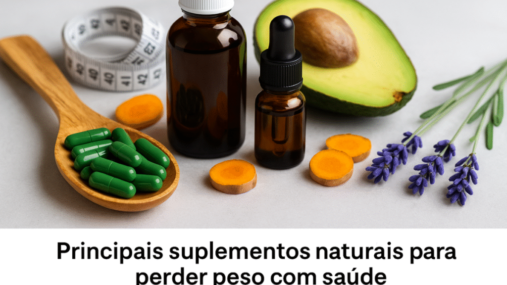 Cápsulas verdes naturais em colher de madeira com frascos âmbar, abacate, cúrcuma fatiada e lavanda sobre fundo claro, simbolizando suplementos naturais para emagrecer com saúde.