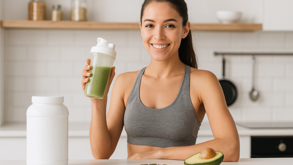 Mulher sorridente segura shake verde em cozinha clara, com cápsulas naturais, pote de suplemento e abacate ao redor, simbolizando uso seguro de suplementação natural para emagrecer.