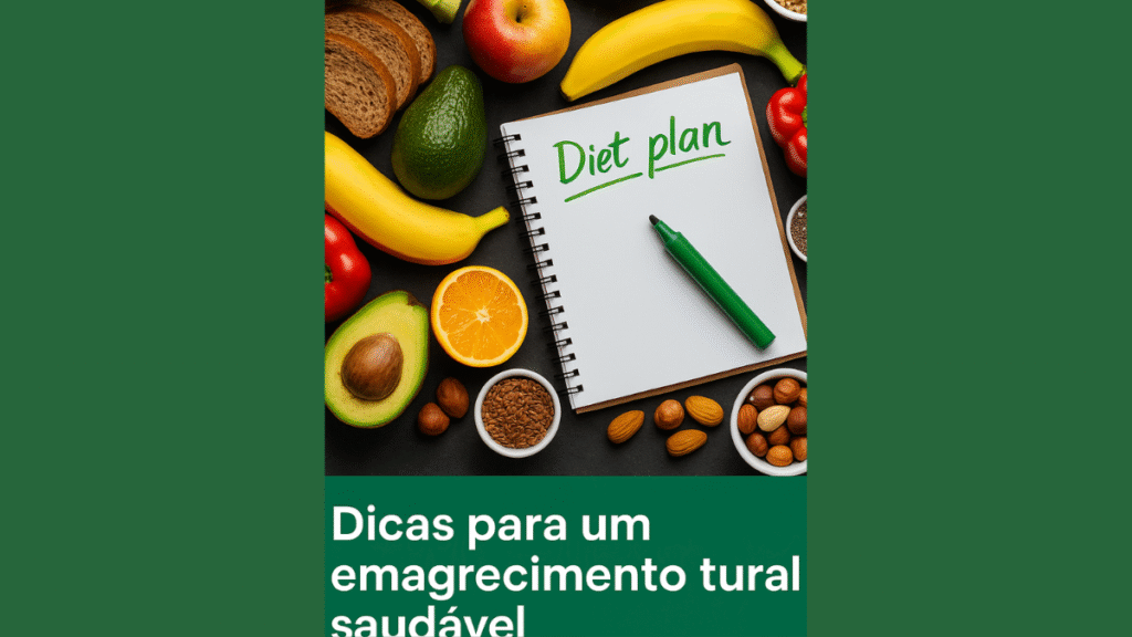 Plano alimentar escrito em caderno rodeado por frutas, legumes, grãos e castanhas sobre superfície escura, representando dicas para emagrecimento saudável com suplementação natural.