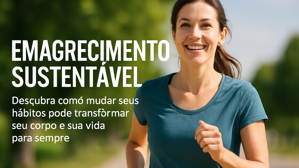 Mulher sorridente correndo ao ar livre em dia ensolarado, representando estilo de vida saudável e emagrecimento sustentável.