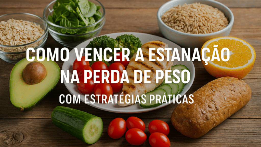 Prato com frango grelhado, vegetais, grãos integrais e frutas em fundo de madeira, representando uma alimentação equilibrada para emagrecimento.
