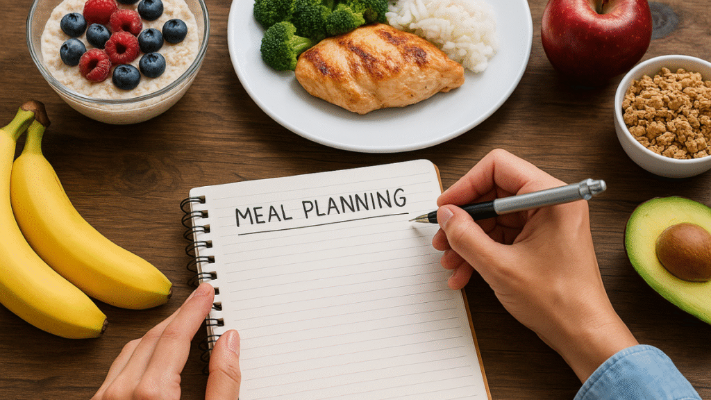 Pessoa escrevendo em caderno de planejamento alimentar, rodeada por alimentos saudáveis como frango, frutas, arroz, aveia e vegetais.