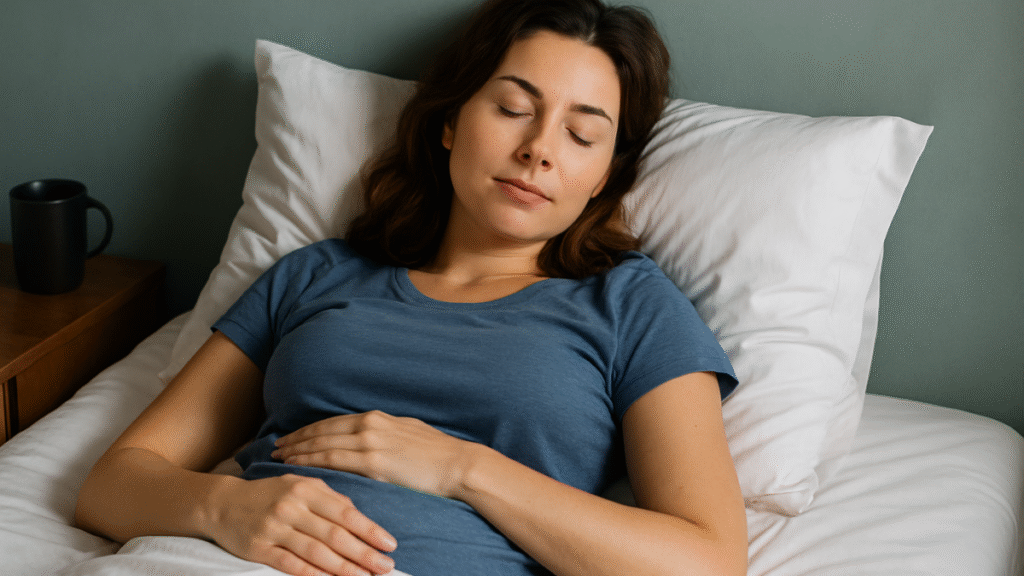 Mulher dormindo em paz em uma cama com lençóis brancos, simbolizando autocuidado, equilíbrio e descanso no processo de emagrecimento.