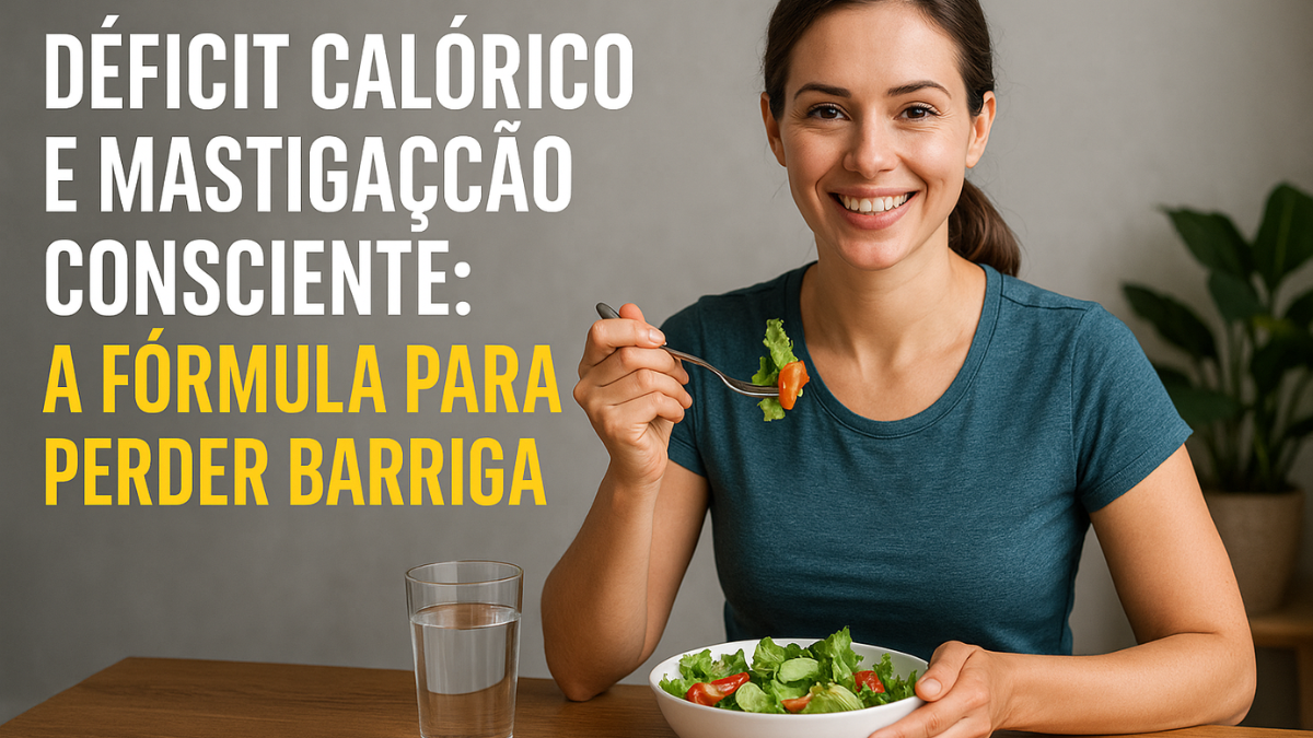 Mulher sorridente comendo salada e praticando mastigação consciente durante refeição saudável