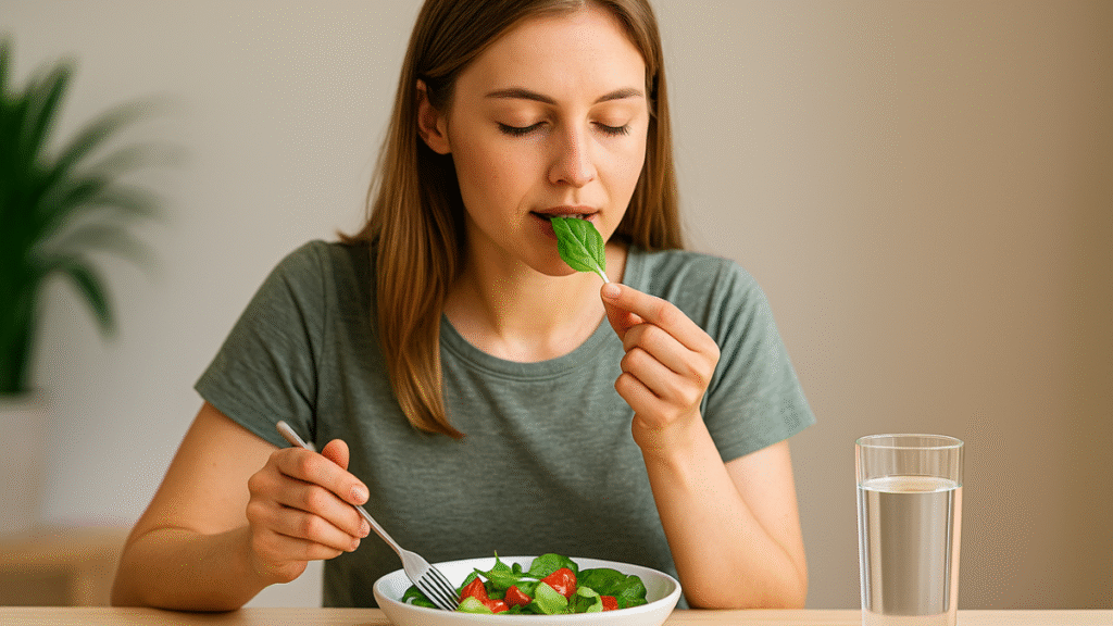 Mulher jovem segurando folha de espinafre à boca em momento de mastigação consciente, com prato de salada e copo d’água à mesa