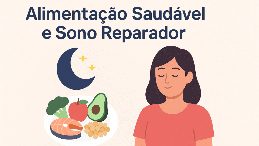 Prato com alimentos saudáveis como salmão, brócolis, abacate e maçã ao lado de uma mulher tranquila e uma lua.