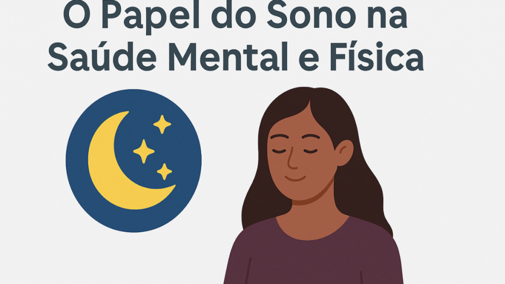 Mulher serena ao lado de ícone com lua e estrelas, simbolizando o impacto do sono na saúde mental e física.