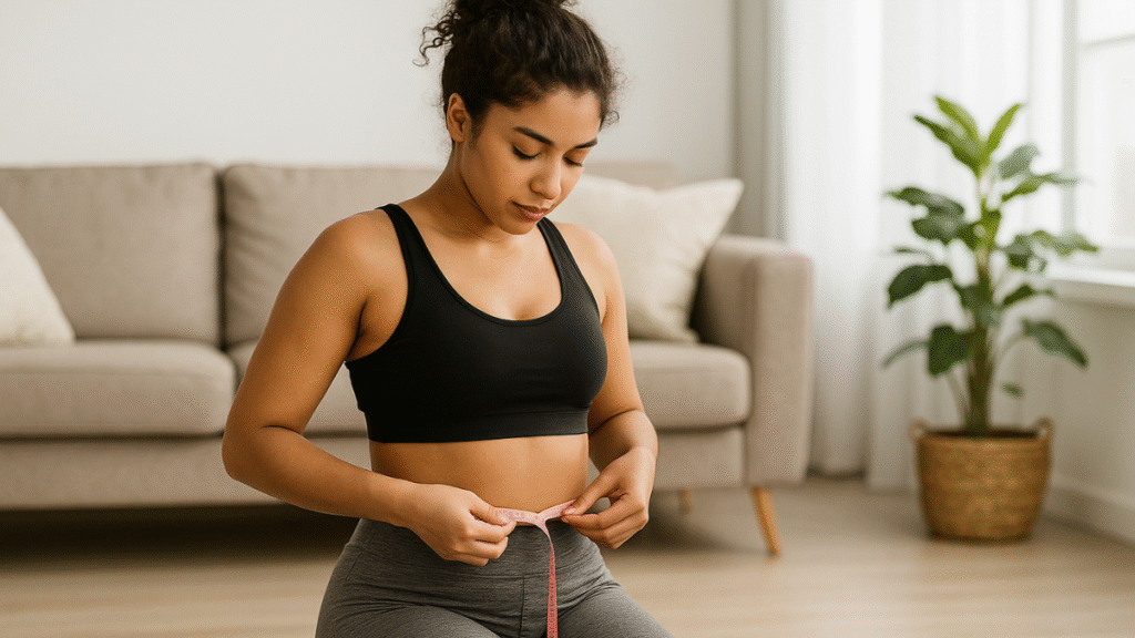 Mulher medindo a cintura em casa como parte de hábitos noturnos que aceleram o metabolismo.
