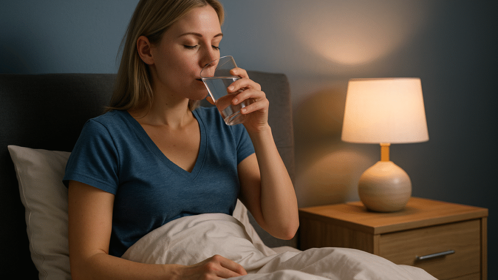 Mulher bebendo água antes de dormir como parte de um plano noturno para ativar o metabolismo.
