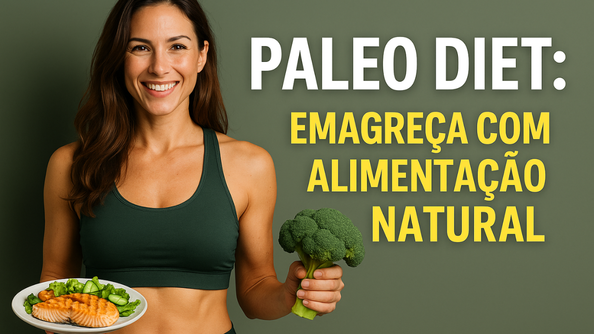 Mulher sorridente segurando prato com salmão grelhado e brócolis, representando a Paleo Diet e a alimentação natural.