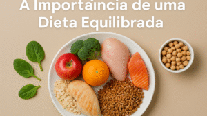 Prato com alimentos saudáveis como salmão, frango, grão-de-bico, vegetais e frutas, simbolizando uma dieta equilibrada.