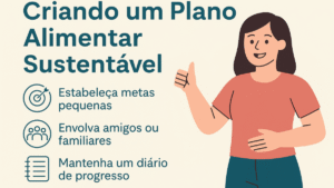 Mulher sorridente ao lado de dicas para manter um plano alimentar saudável e duradouro.