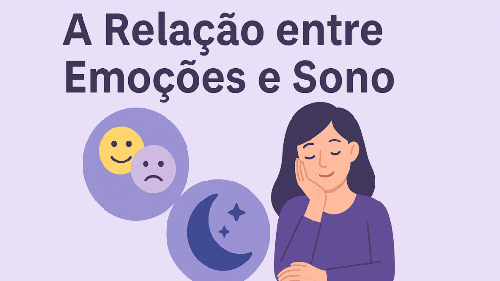 Mulher tranquila com ícones de carinhas feliz e triste, ao lado de uma lua, representando emoções e sono.