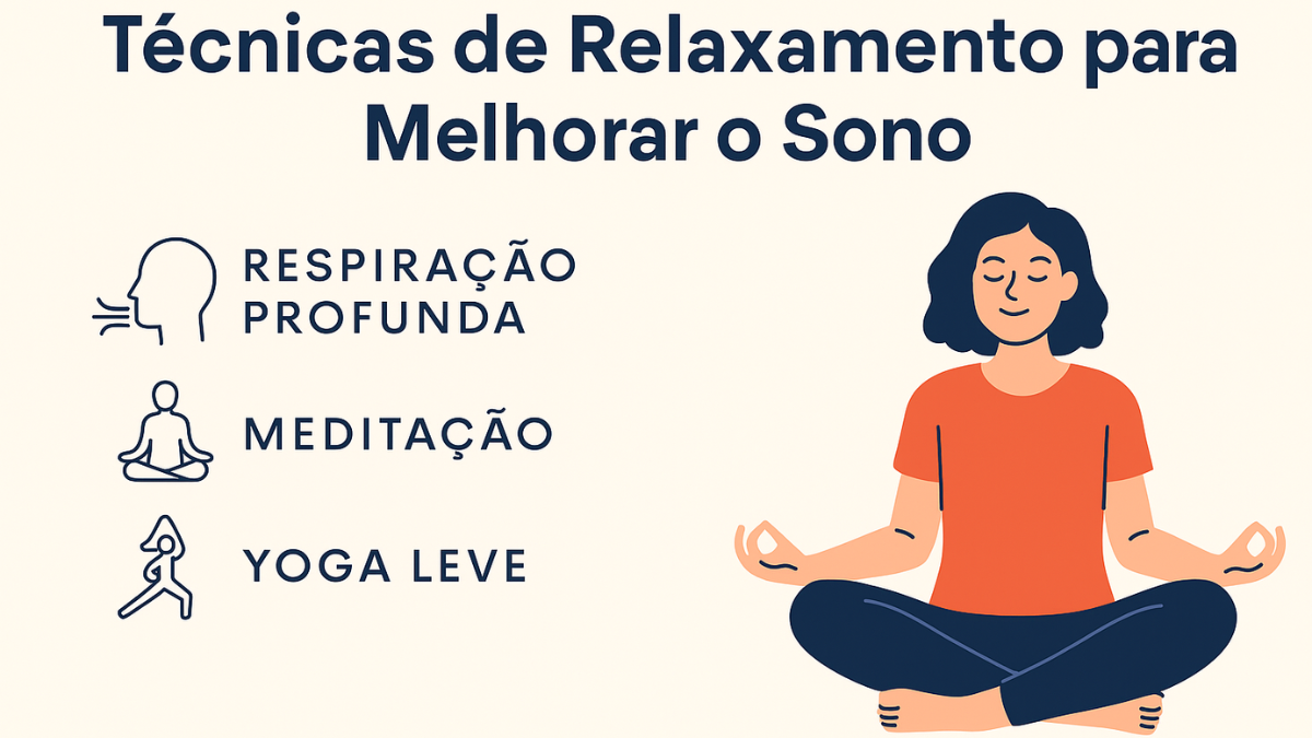 Mulher meditando ao lado de ícones que representam respiração profunda, meditação e yoga leve.