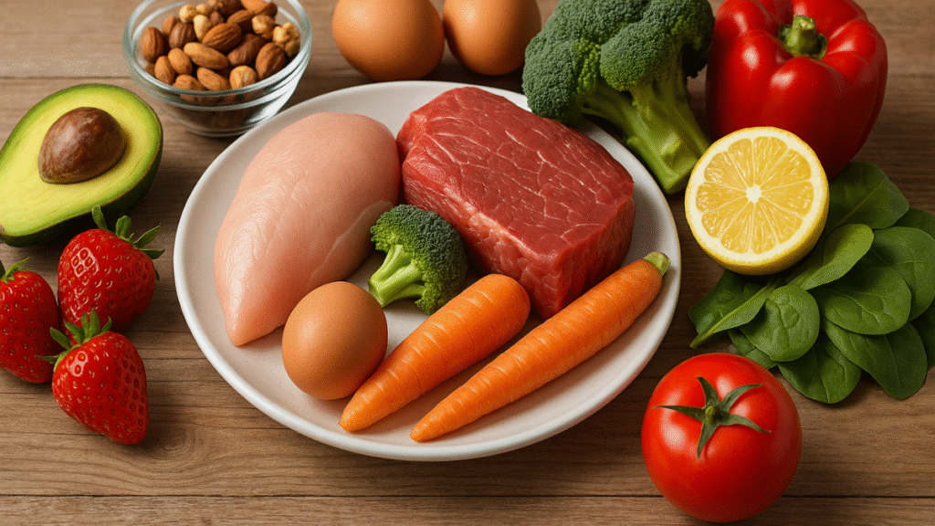 Alimentos frescos e naturais como carnes, ovos, legumes e frutas que representam a base da Paleo Diet.