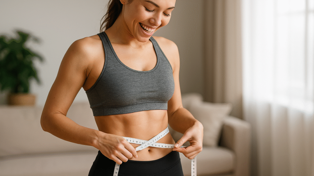 Mulher sorridente medindo a cintura com fita métrica, representando os benefícios da Paleo Diet no emagrecimento.