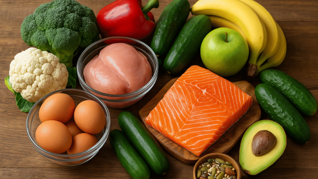 Seleção de alimentos frescos como salmão, frango, ovos, frutas e vegetais que representam os alimentos permitidos na Paleo Diet.