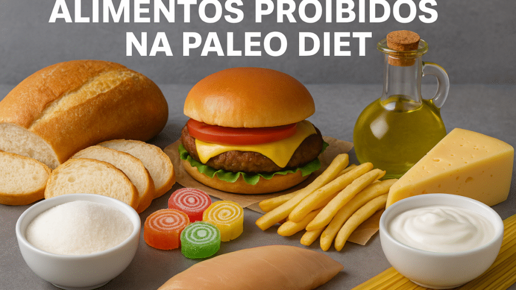 Alimentos industrializados como pães, hambúrguer, batata frita, doces, queijos e massas representando os proibidos na Paleo Diet.