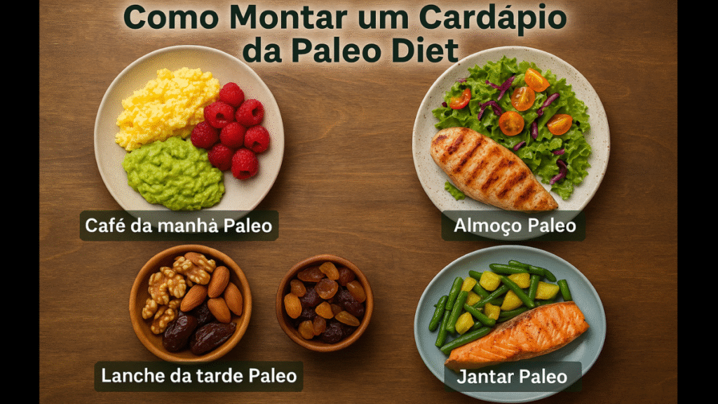 Exemplo de cardápio da Paleo Diet com café da manhã, almoço, lanche da tarde e jantar saudáveis.