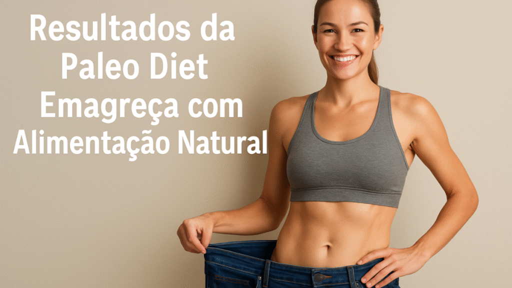 Mulher fit sorridente mostrando calça larga após emagrecimento, simbolizando os resultados da Paleo Diet.