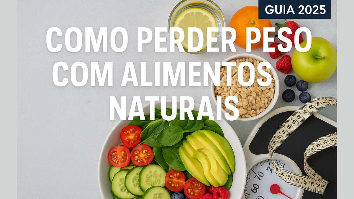 Salada colorida com abacate, pepino e tomate, acompanhada de arroz integral, frutas frescas, copo de água com limão, balança e fita métrica — conceito de emagrecimento saudável.