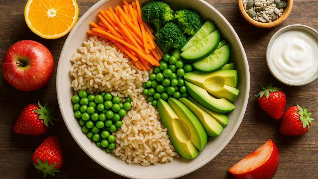 Tigela com arroz integral, brócolis, cenoura, pepino, abacate e ervilhas, acompanhada de frutas frescas, sementes e iogurte natural — refeição saudável para emagrecer naturalmente.