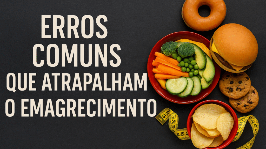 Hambúrguer, batata frita, donuts e biscoitos ao lado de uma tigela com legumes e salada — contraste entre escolhas ruins e escolhas saudáveis que impactam no emagrecimento.
