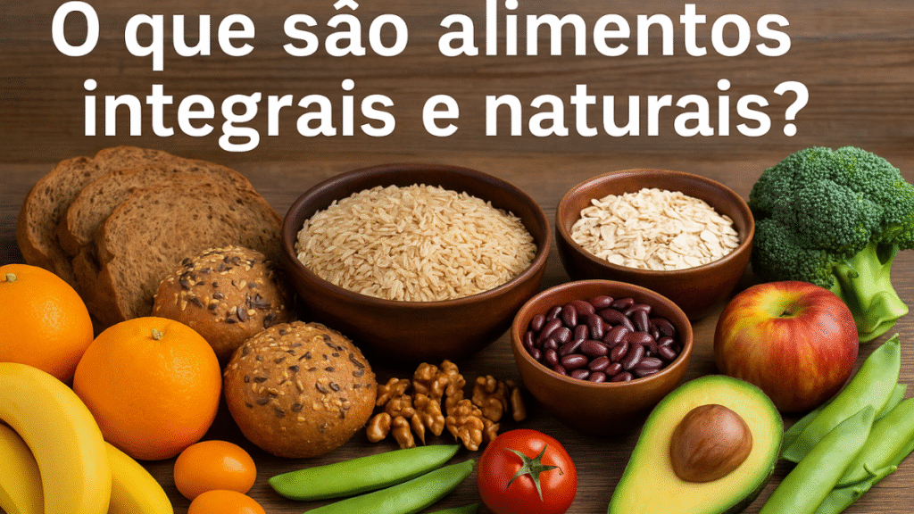 Mesa com arroz integral, aveia, feijão, pão integral, maçã, abacate, tomate, brócolis e frutas frescas — exemplo de alimentos integrais e naturais.