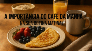 Prato com omelete, morangos e mirtilos ao lado de suco de laranja e café, representando um café da manhã nutritivo