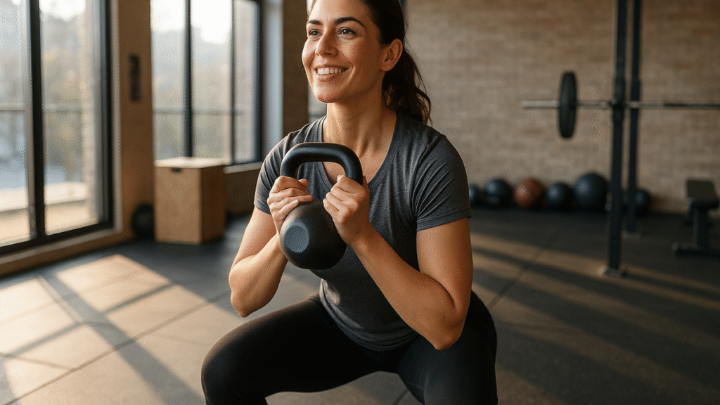 Mulher fit fazendo agachamento com kettlebell em academia iluminada
