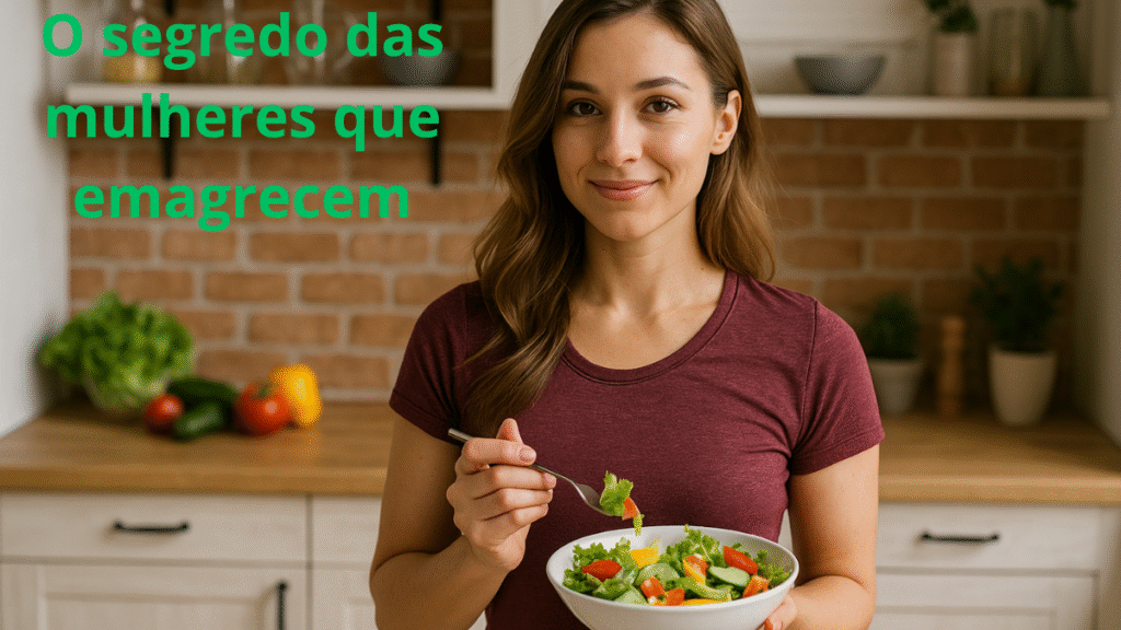 Mulher jovem sorrindo enquanto segura uma salada fresca na cozinha