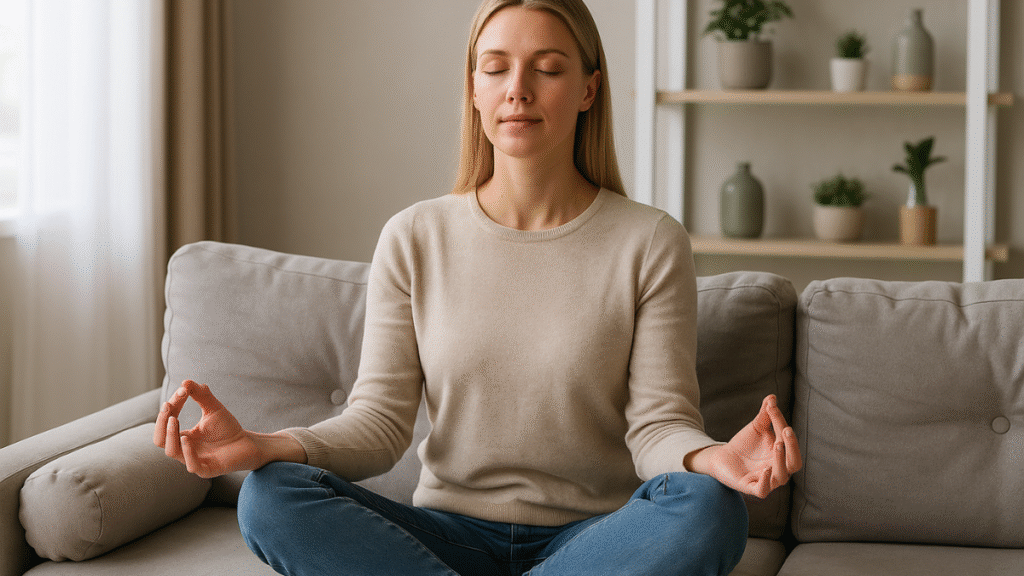 Mulher de olhos fechados meditando em posição de lótus sobre um sofá
