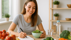 Mulher sorridente planejando refeições saudáveis em uma mesa com frutas, legumes e água, representando dicas práticas para iniciar o jejum intermitente