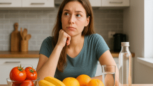 Mulher pensativa em uma cozinha saudável, cercada por frutas e água, refletindo sobre mitos e verdades do jejum intermitente