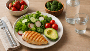 Prato equilibrado com salada fresca, frango grelhado, abacate e tomates, representando o jejum intermitente como parte de uma dieta saudável