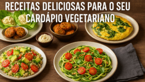 Pratos vegetarianos low carb variados em mesa rústica, incluindo espaguete de abobrinha com tomate cereja, salada de quinoa com abacate, bolinhos de grão-de-bico e omelete de espinafre.