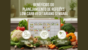 Quadro de planejamento semanal de refeições low carb vegetariano, cercado por legumes e vegetais frescos, destacando benefícios como economia de tempo, saúde e controle de peso.