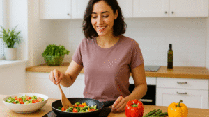 Mulher sorridente cozinhando legumes coloridos em uma frigideira, com salada fresca e pimentões sobre a bancada da cozinha, simbolizando superação de desafios na dieta sem carne.