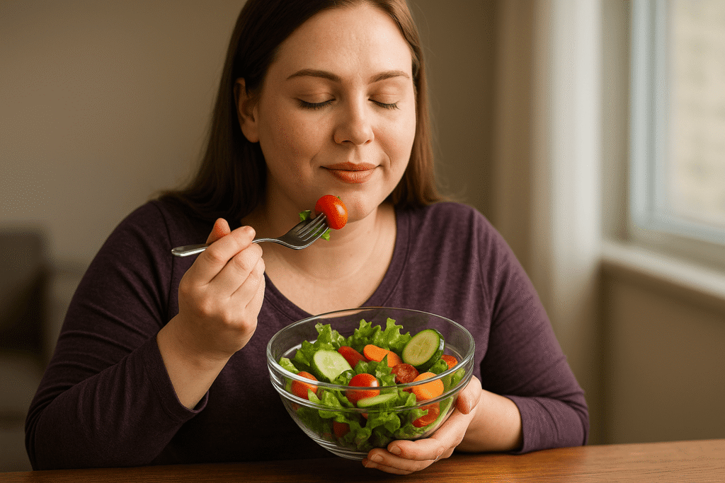 Mulher saboreando uma salada fresca com atenção plena, transmitindo calma e bem-estar durante a refeição saudável.