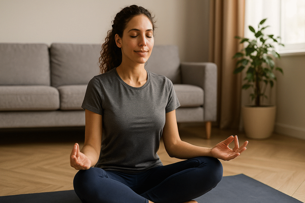 Mulher meditando com serenidade em sala iluminada, representando equilíbrio emocional e autocompaixão.