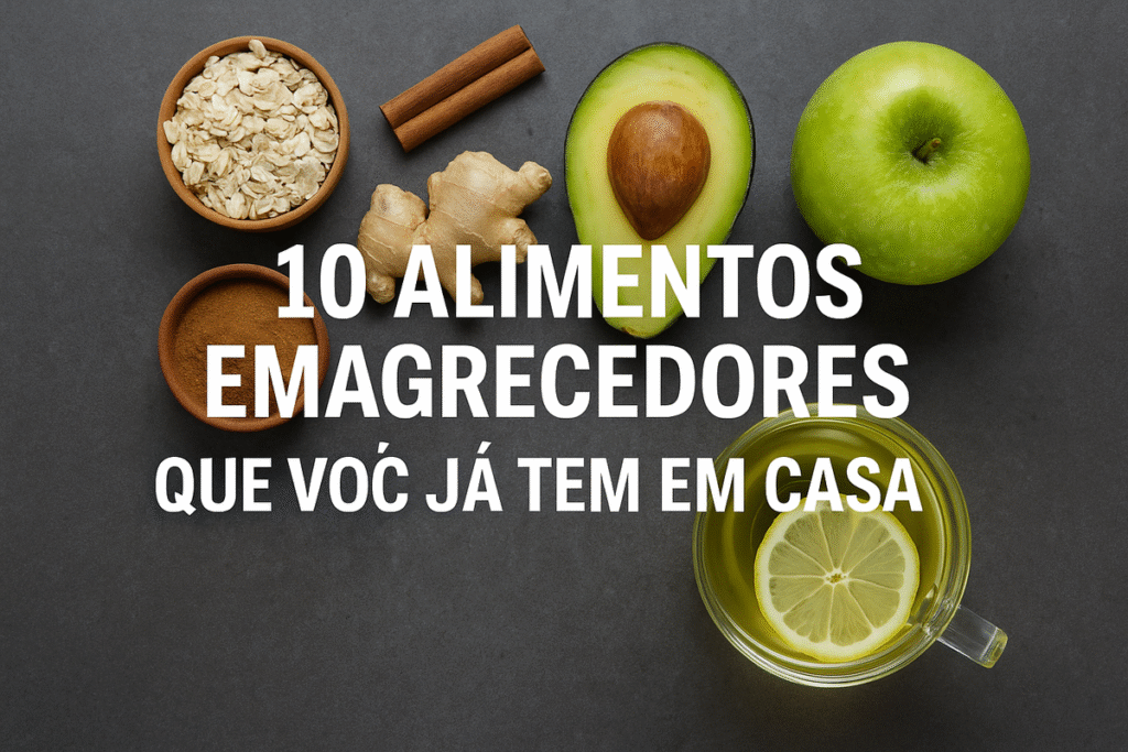 Aveia em tigela com gengibre, maçã verde, canela e chá com limão sobre fundo escuro — alimentos naturais para emagrecer