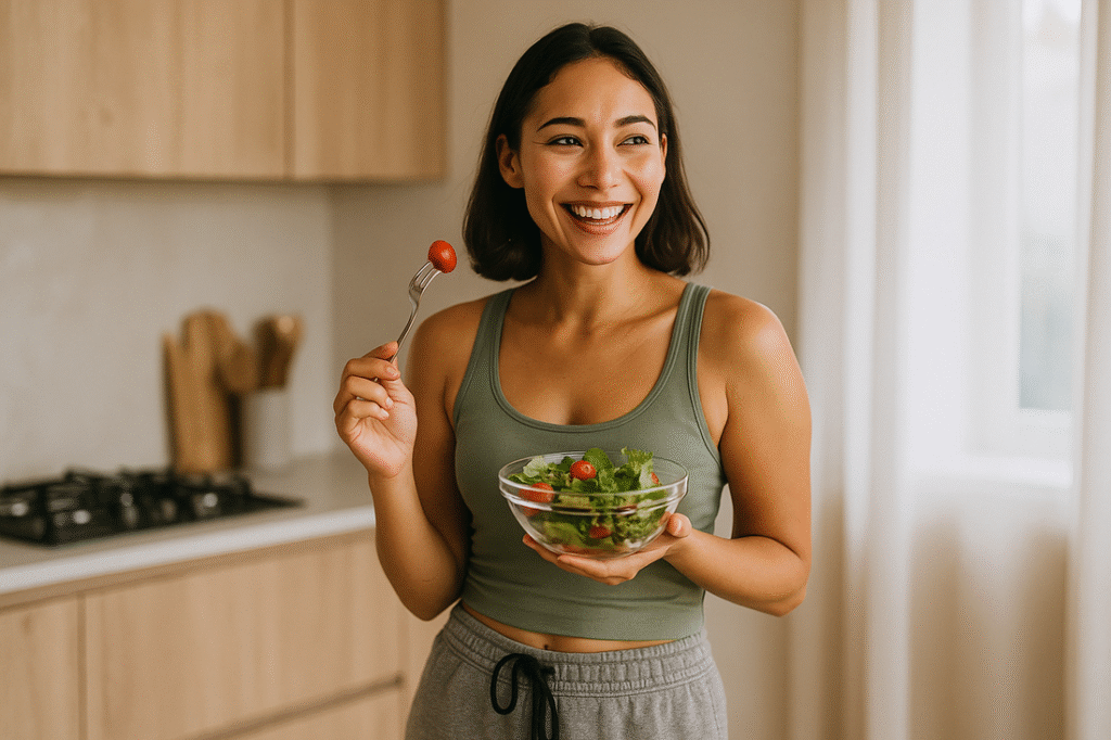 Mulher sorrindo enquanto segura uma tigela de salada fresca, praticando alimentação consciente.