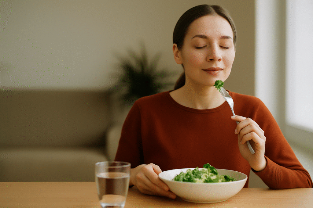 jovem comendo devagar e com atenção plena, representando o mindful eating com intenção e presença.